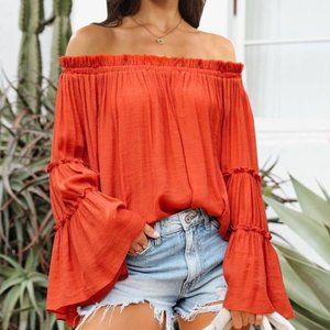100% Cotton Off-Shoulder Frill Trim Blouse
